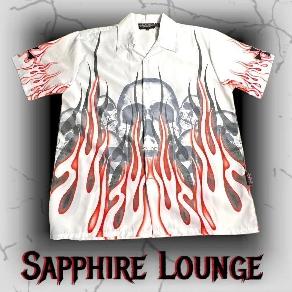Vintage Sapphire Lounge Shirt Mens M Camp Shirt SKULLS Flamed Loop Collar White